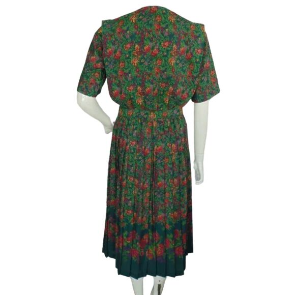 LESLIE FAY Dress, 10, Green Floral, Belt, Short Sleeves, Career, Poly, VINTAGE - Picture 8 of 16
